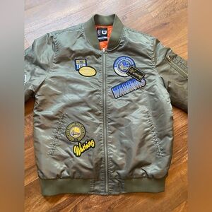 Golden State Warriors Bomber Jacket Green Sz L Patchwork Army Green NBA EUC